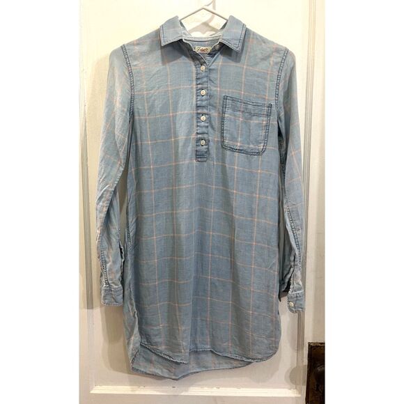 FAHERTY Light Blue Pink Check Button Up Tunic Shirt Dress Women's Size XS - Picture 2 of 9